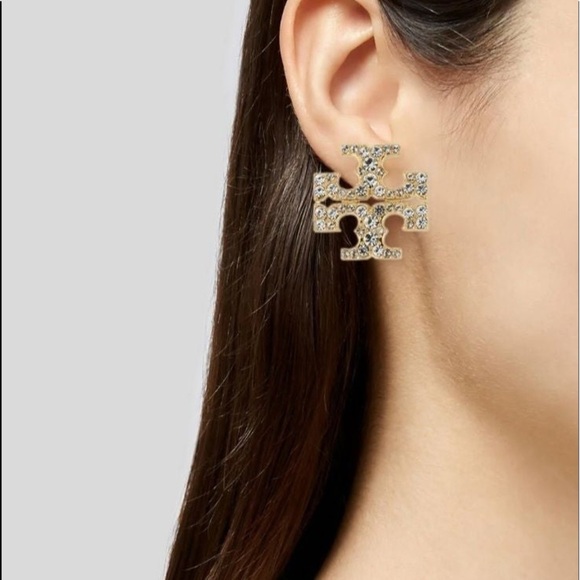 Tory Burch Authentic Kira Crystal Pave Tory Logo Gold Bold Stud Earrings - Picture 7 of 13